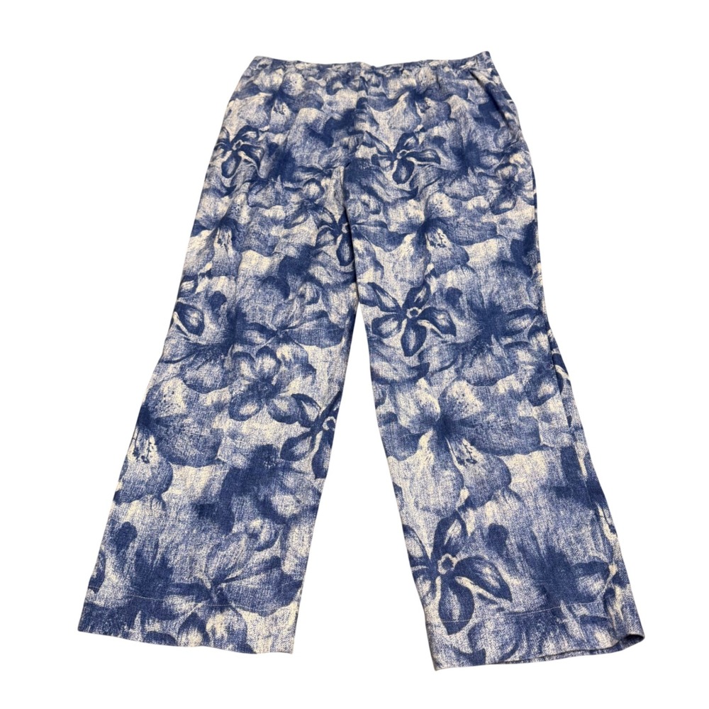 Chicos Blue White Floral Linen Pants Womens 0.5 Small Vacation Travel Beach - Picture 2 of 10